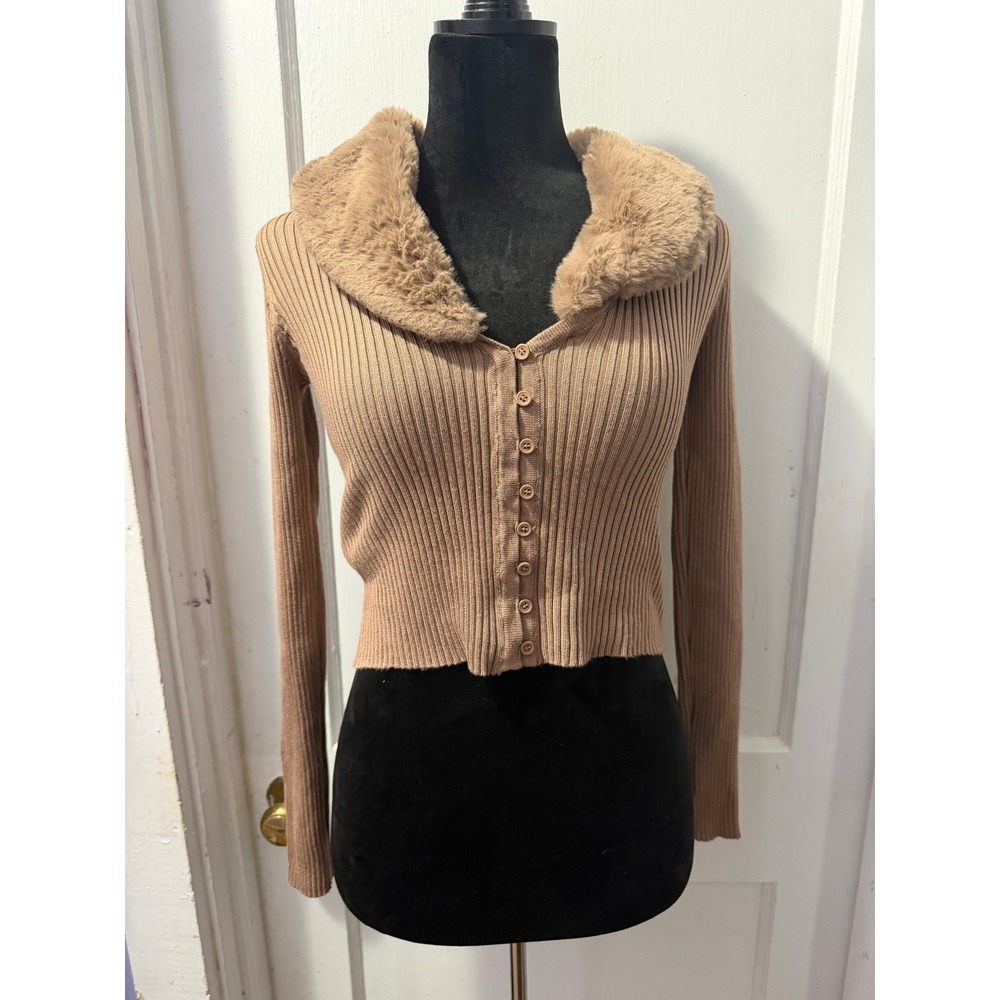 Pink Rose Brown Ribbed Long Sleeve Cropped Top Faux Fur Collar XS
